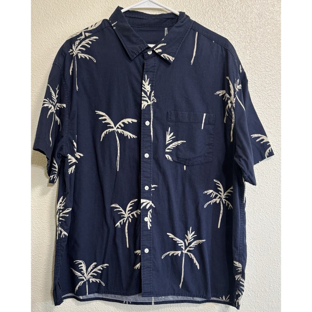 Hawaiian Button Up Shirt Mens Size L Blue Palm Tree Tropical Vacation Resort
